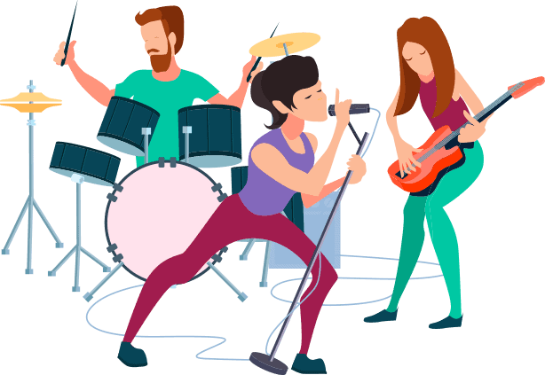 Cartoon illustration of people playing music.