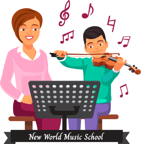 Cartoon illustration of a kid having music lessons with his teacher.